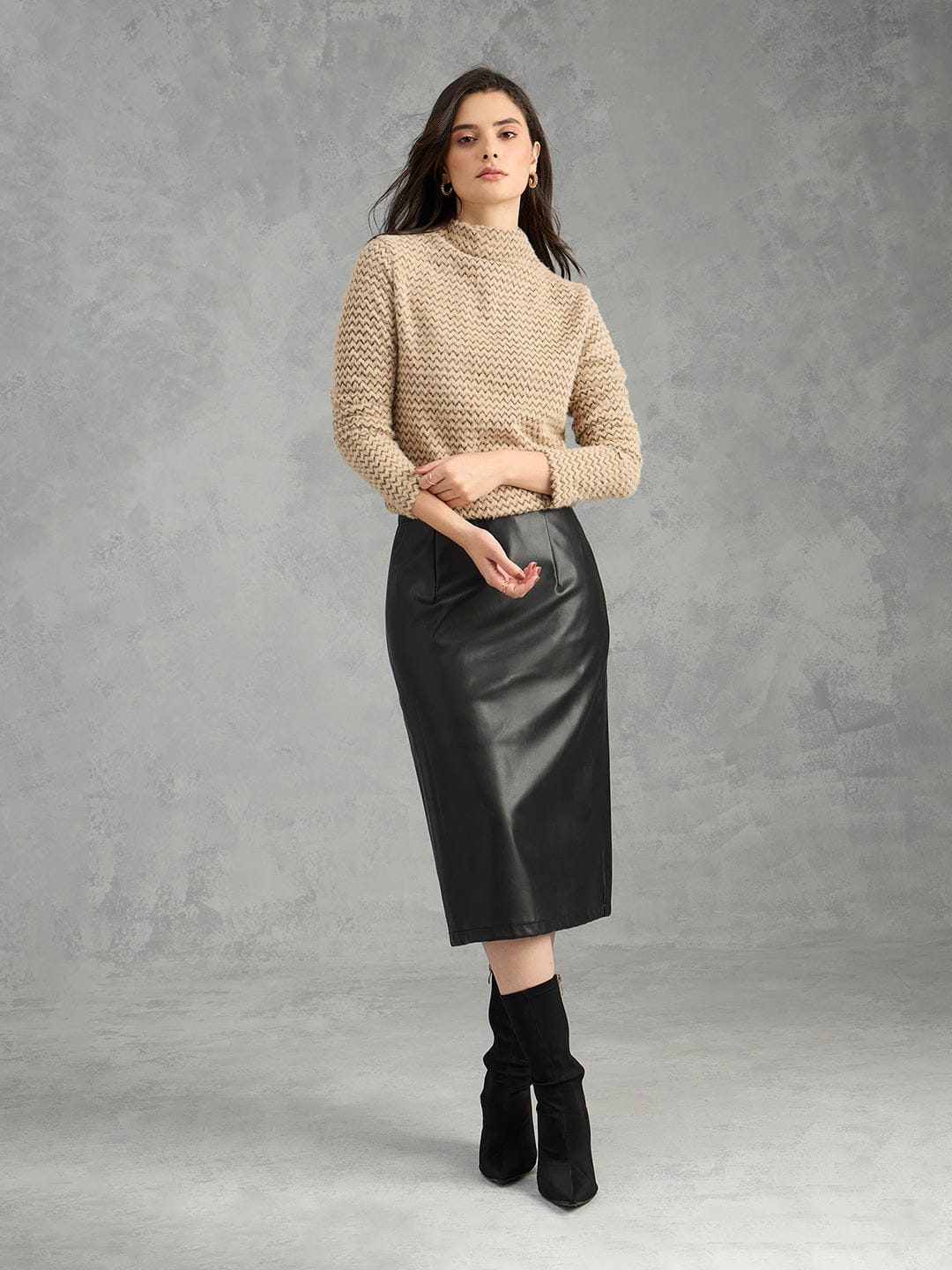 Iconic Women Brown Textured High Neck Sweater