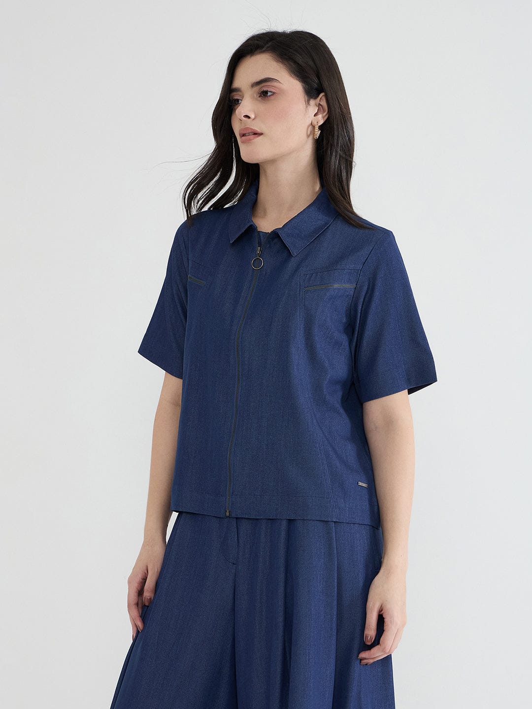 Iconic Women Navy Blue Solid Pure Cotton Collared Loose Fit Top