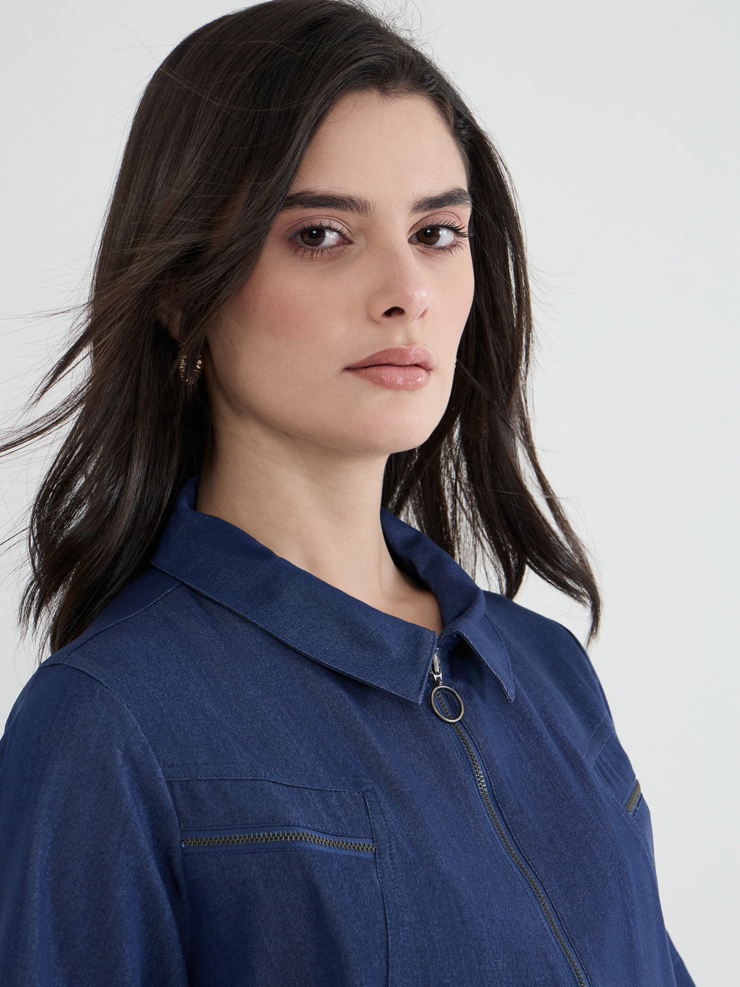 Iconic Women Navy Blue Solid Pure Cotton Collared Loose Fit Top