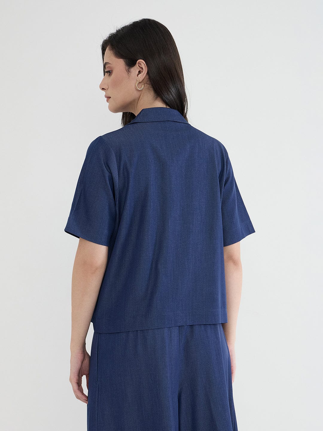 Iconic Women Navy Blue Solid Pure Cotton Collared Loose Fit Top