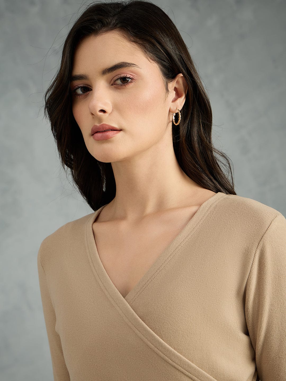 Iconic Women Beige Solid V Neck Top