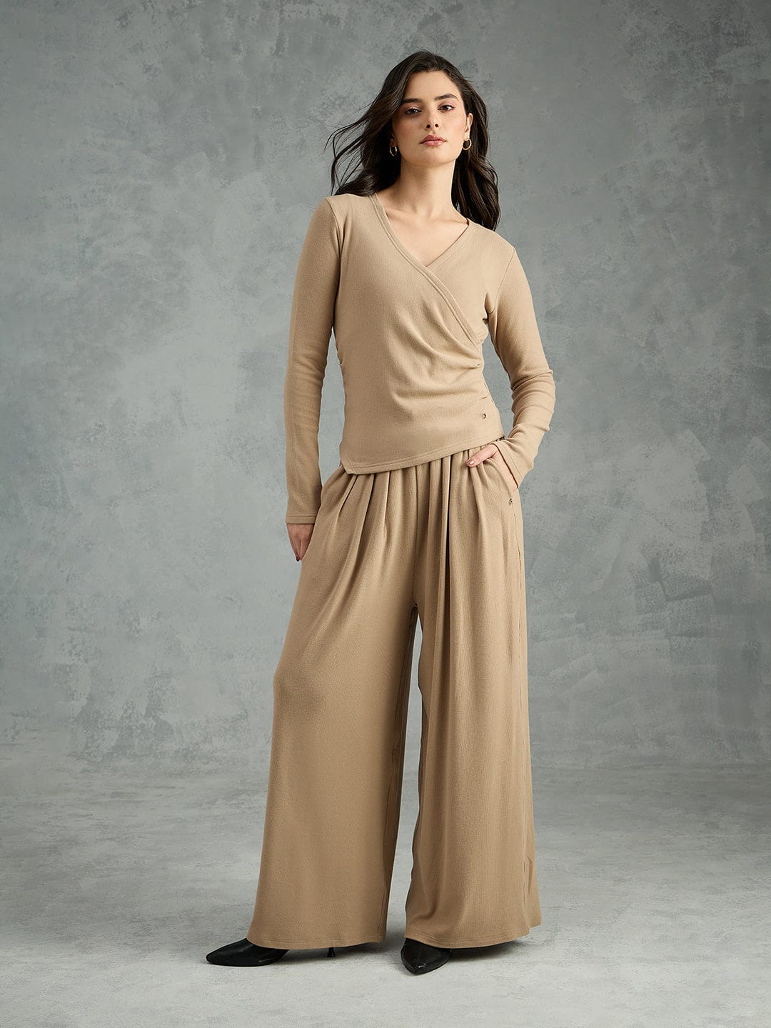 Iconic Women Beige Solid V Neck Top