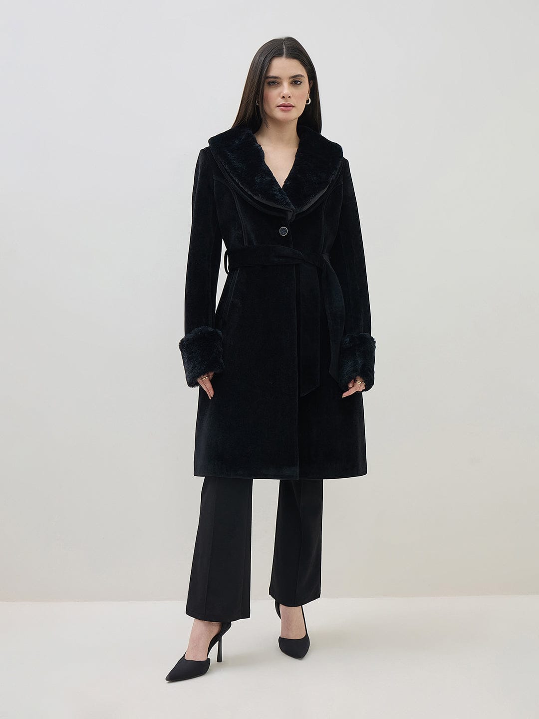 ICONIC Women Black Notch Lapel Detachable Fur Overcoat