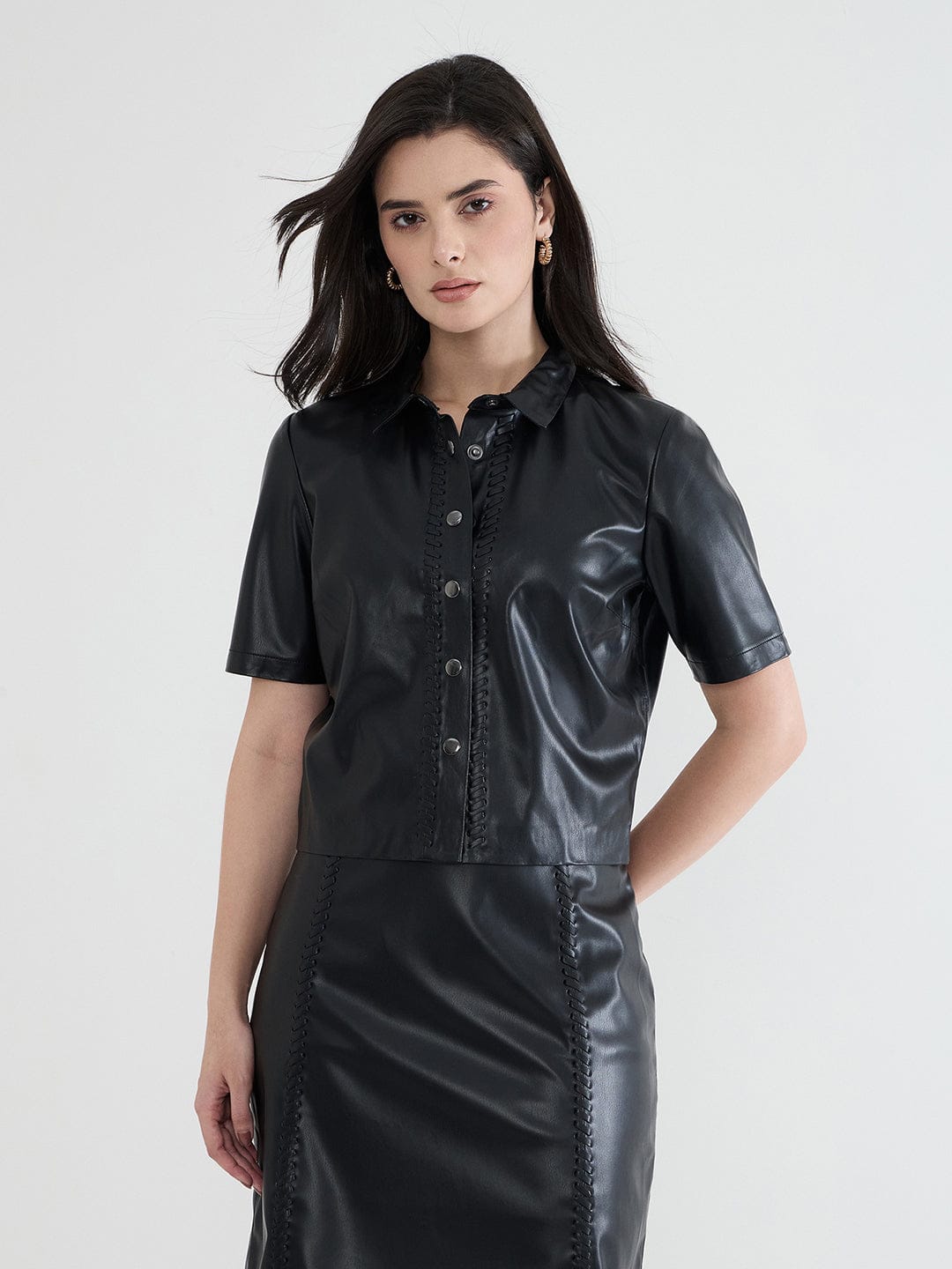 Iconic Women Black Solid Collared Shirt