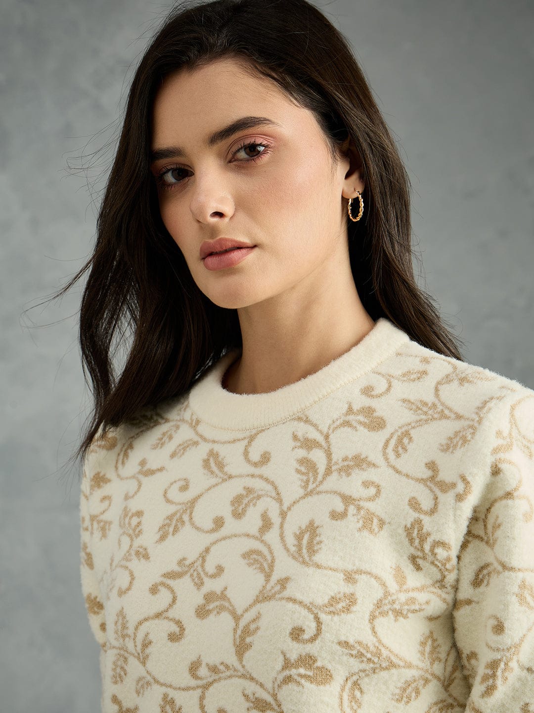 Iconic Women Cream Printed Round Neck Sweater