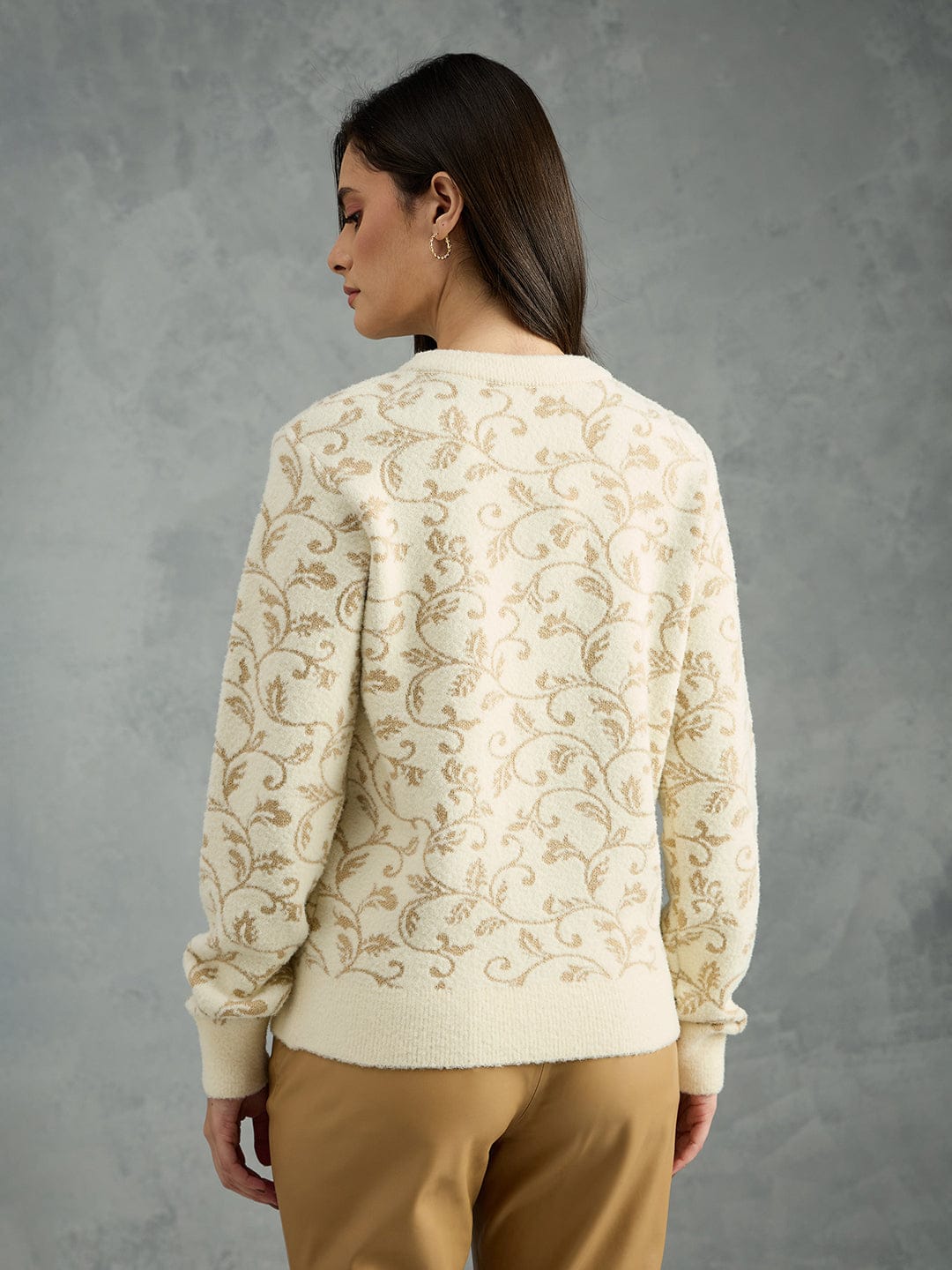 Iconic Women Cream Printed Round Neck Sweater