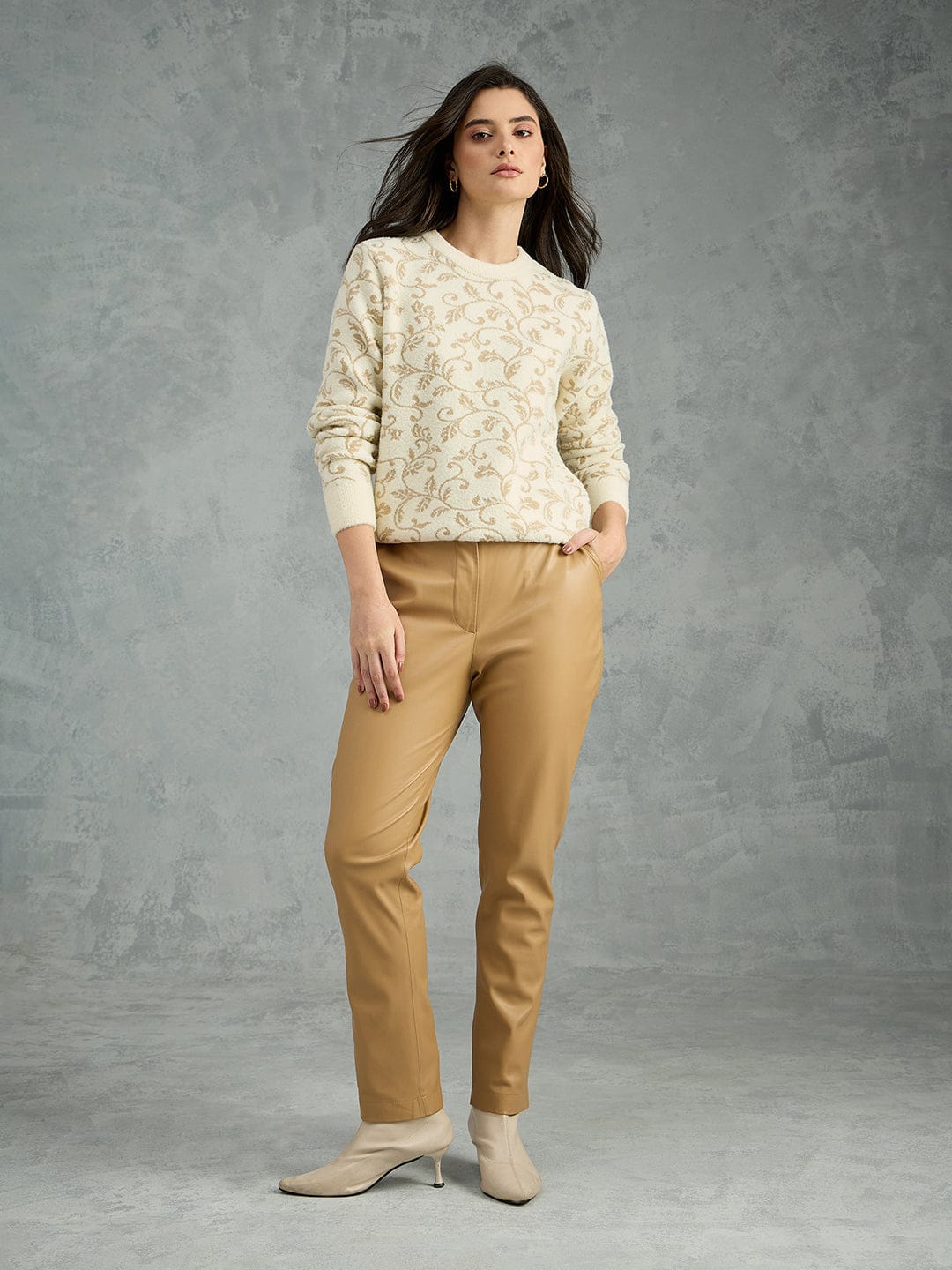 Iconic Women Cream Printed Round Neck Sweater