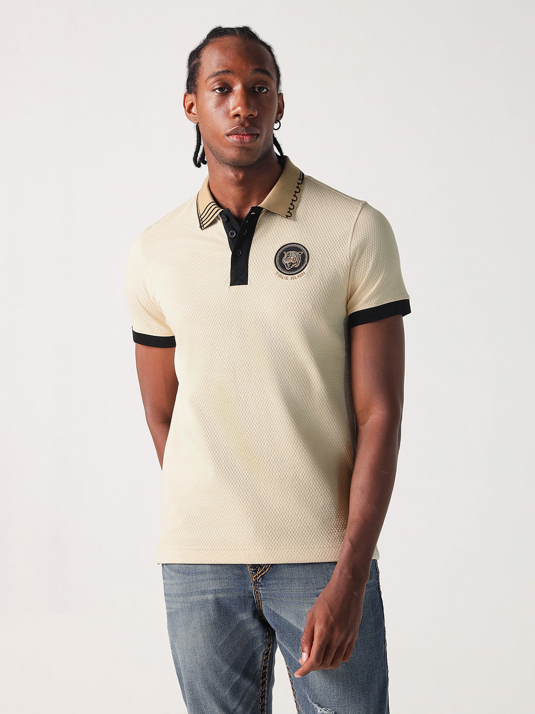True Religion Men Cream Solid Polo Tshirt