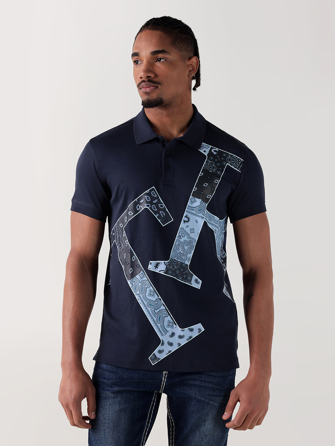 TRUE RELIGION Men Navy Blue Printed Regular Fit Polo T-Shirt