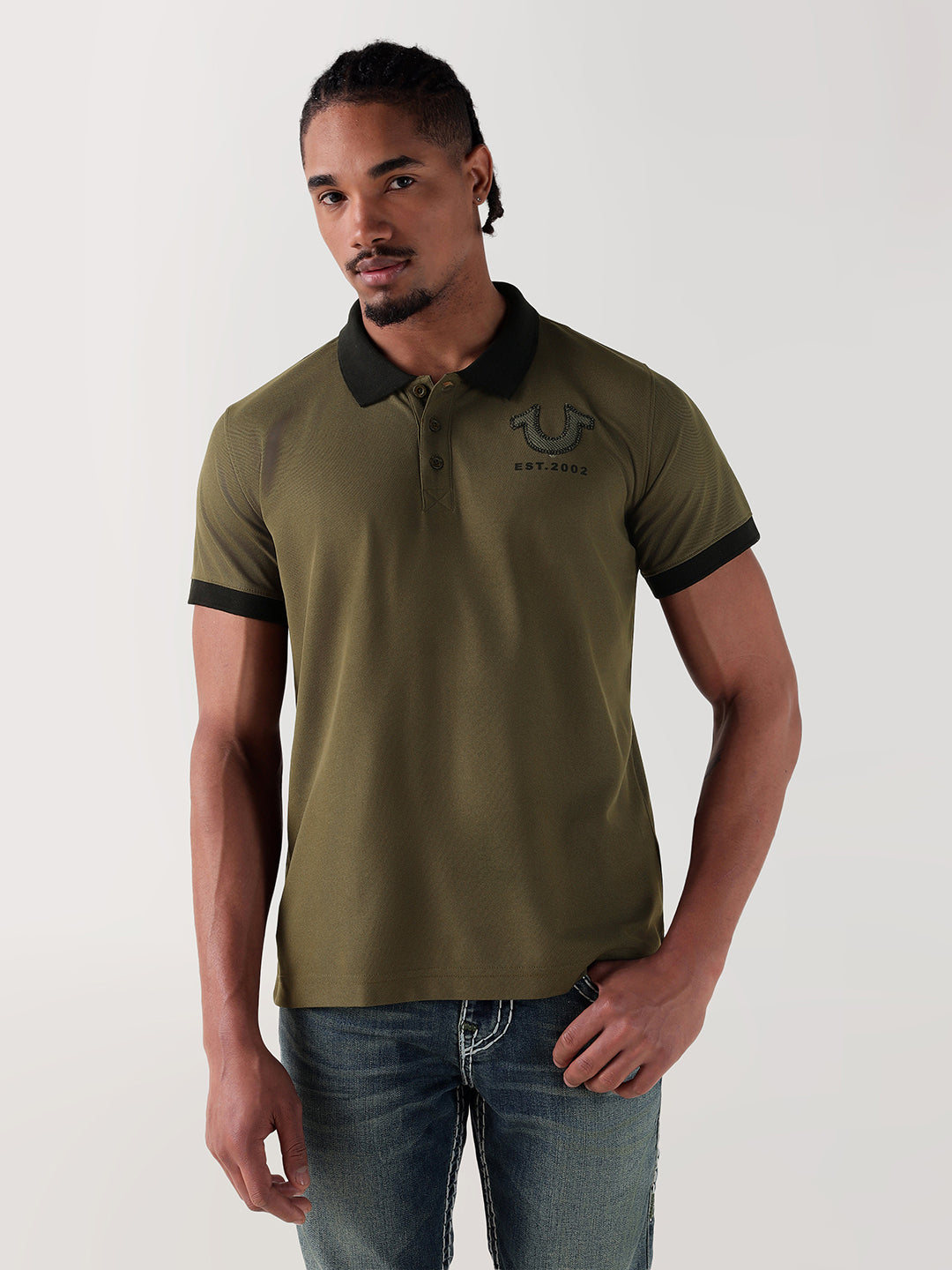 TRUE RELIGION Men Green Logo Regular Fit Polo T-Shirt