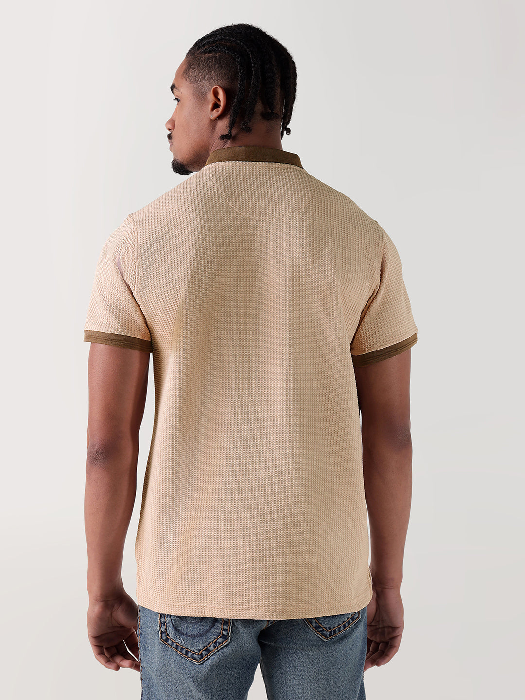 TRUE RELIGION Men Beige Textured Regular Fit Polo T-Shirt