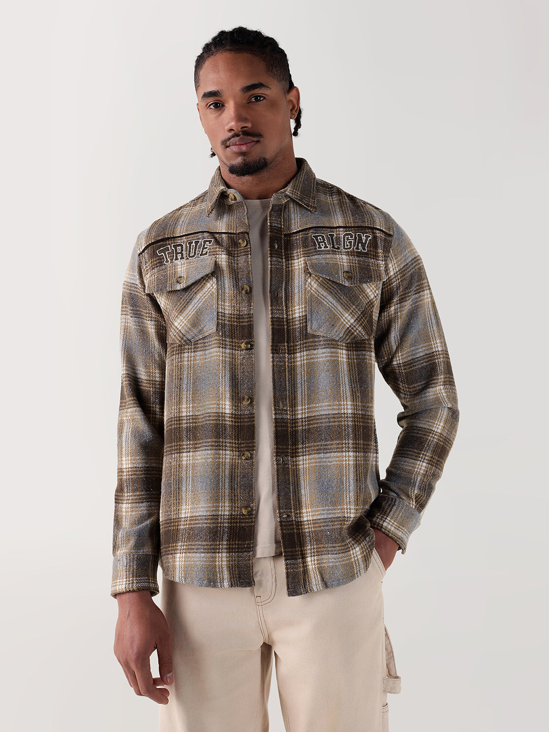 TRUE RELIGION Men Brown Checks Regular Fit Shirt