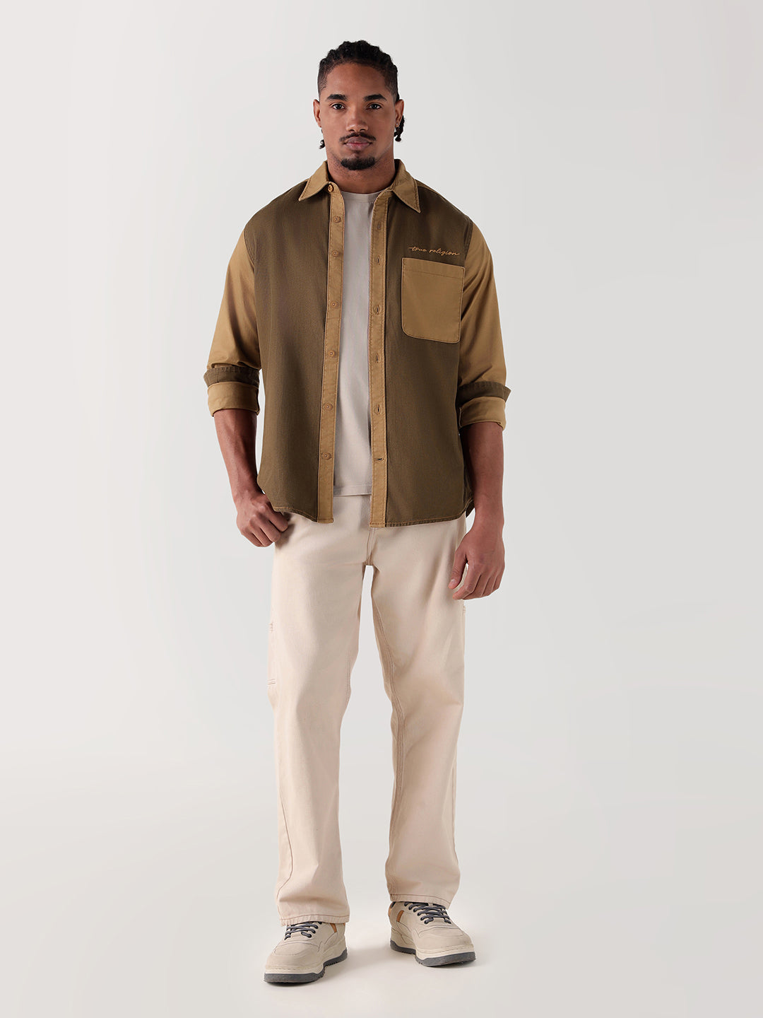 TRUE RELIGION Men Brown Color Blocked Regular Fit Shirt