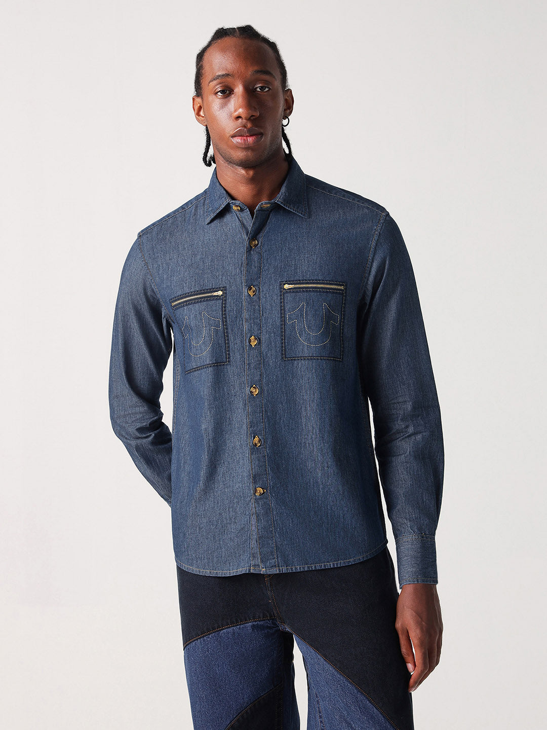True Religion Men Blue Solid Collar Shirt