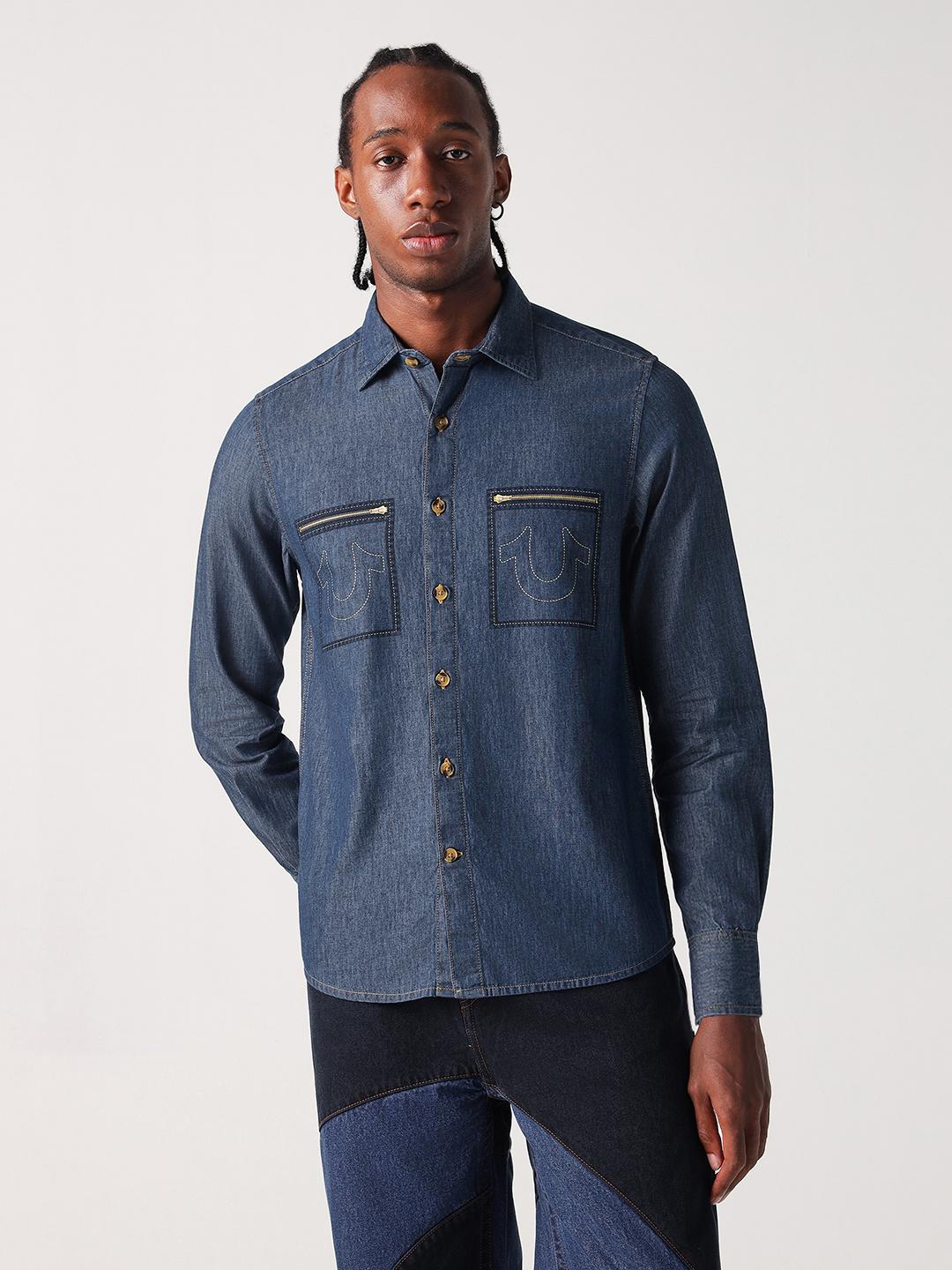 True Religion Men Blue Solid Collar Shirt