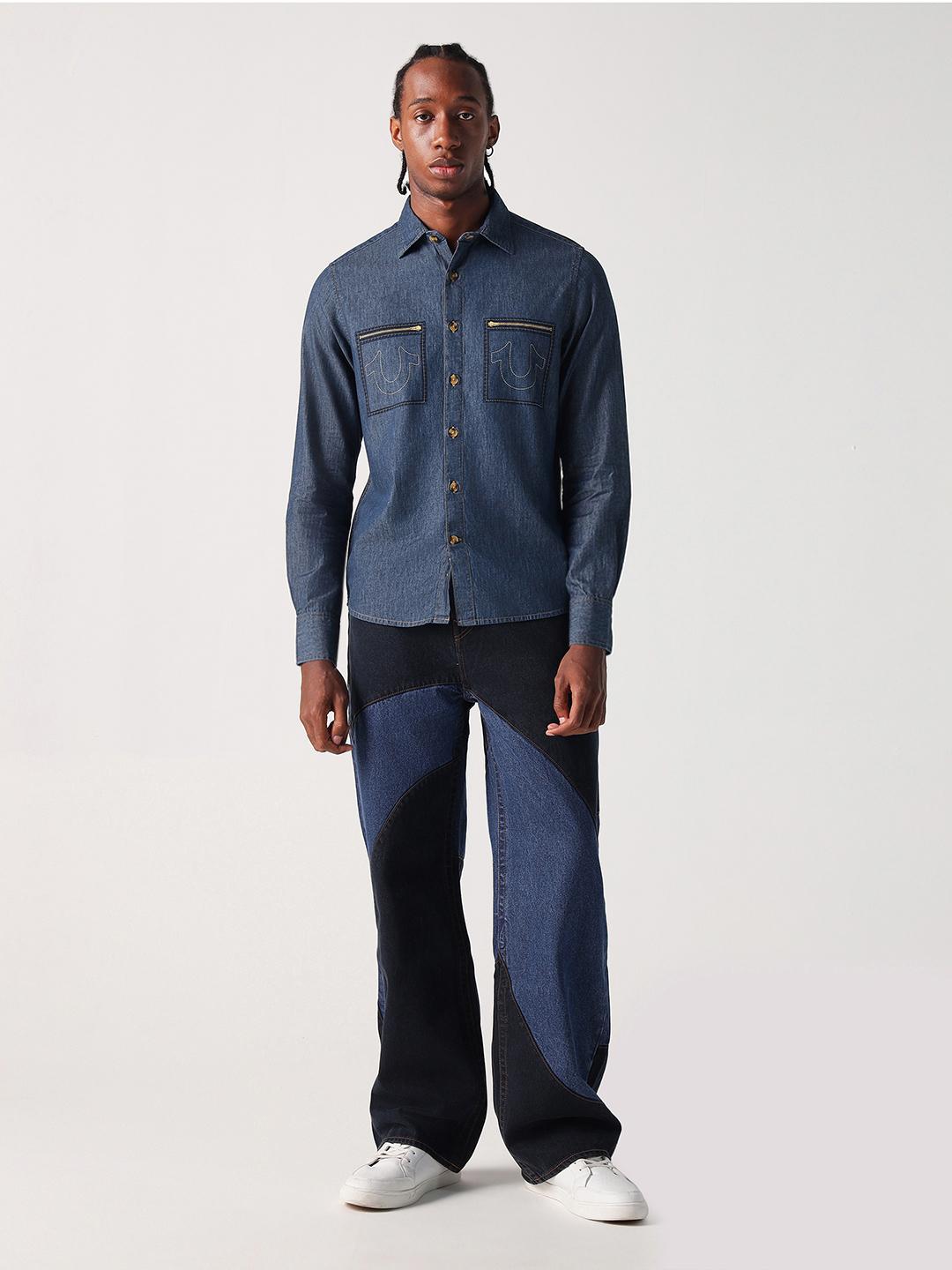 True Religion Men Blue Solid Collar Shirt