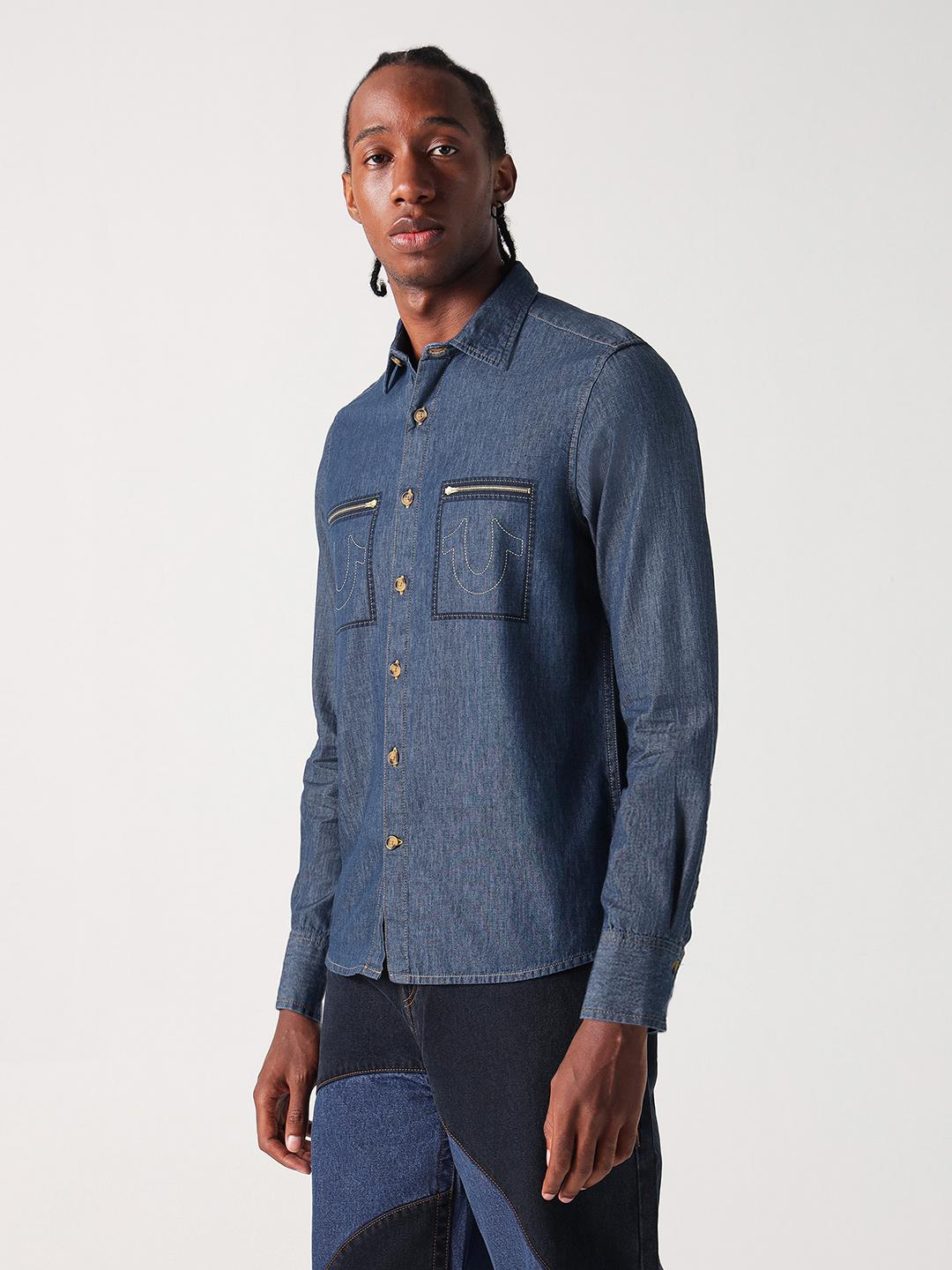 True Religion Men Blue Solid Collar Shirt