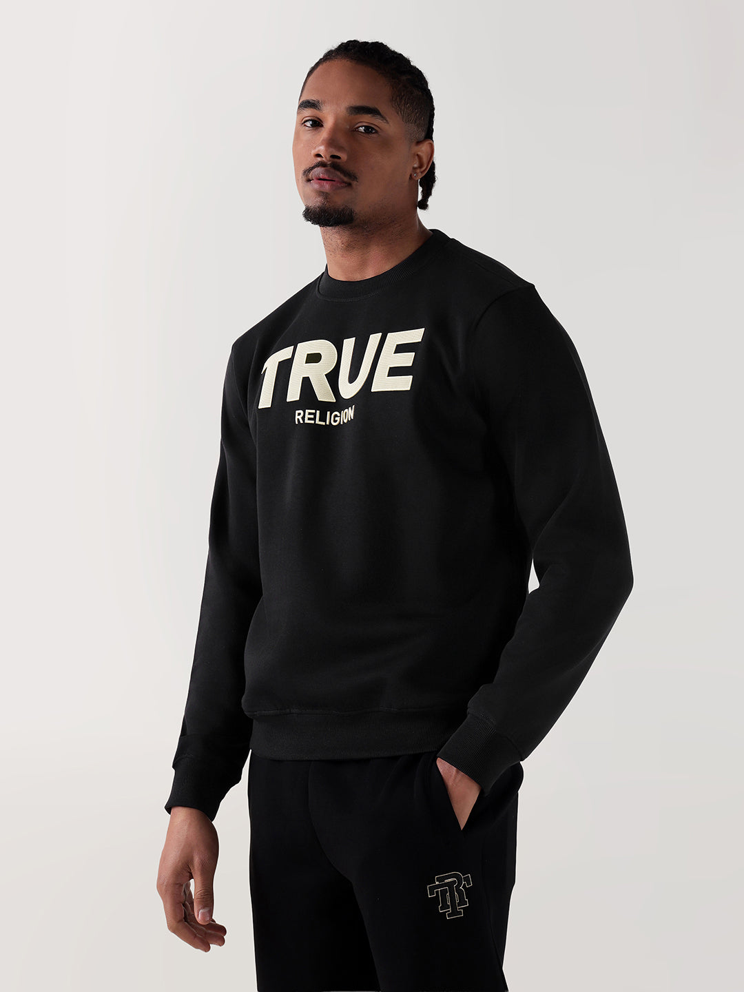 TRUE RELIGION Men Black Logo Round Neck Regular Fit Sweatshirt