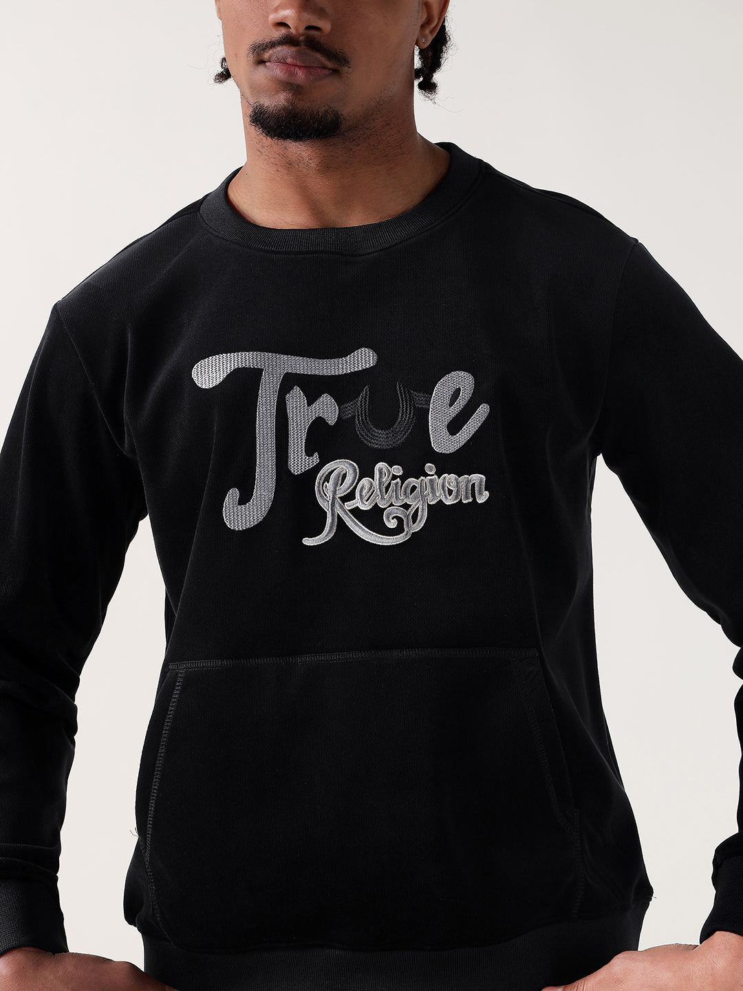 TRUE RELIGION Men Black Logo Round Neck Regular Fit Sweatshirt