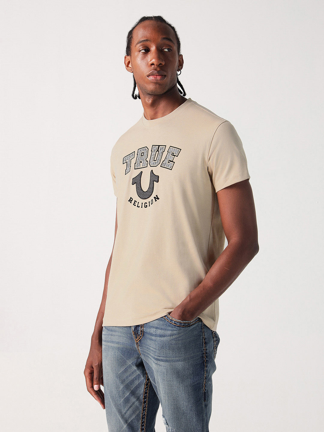 True Religion Men Beige Graphic Round Neck Tshirt