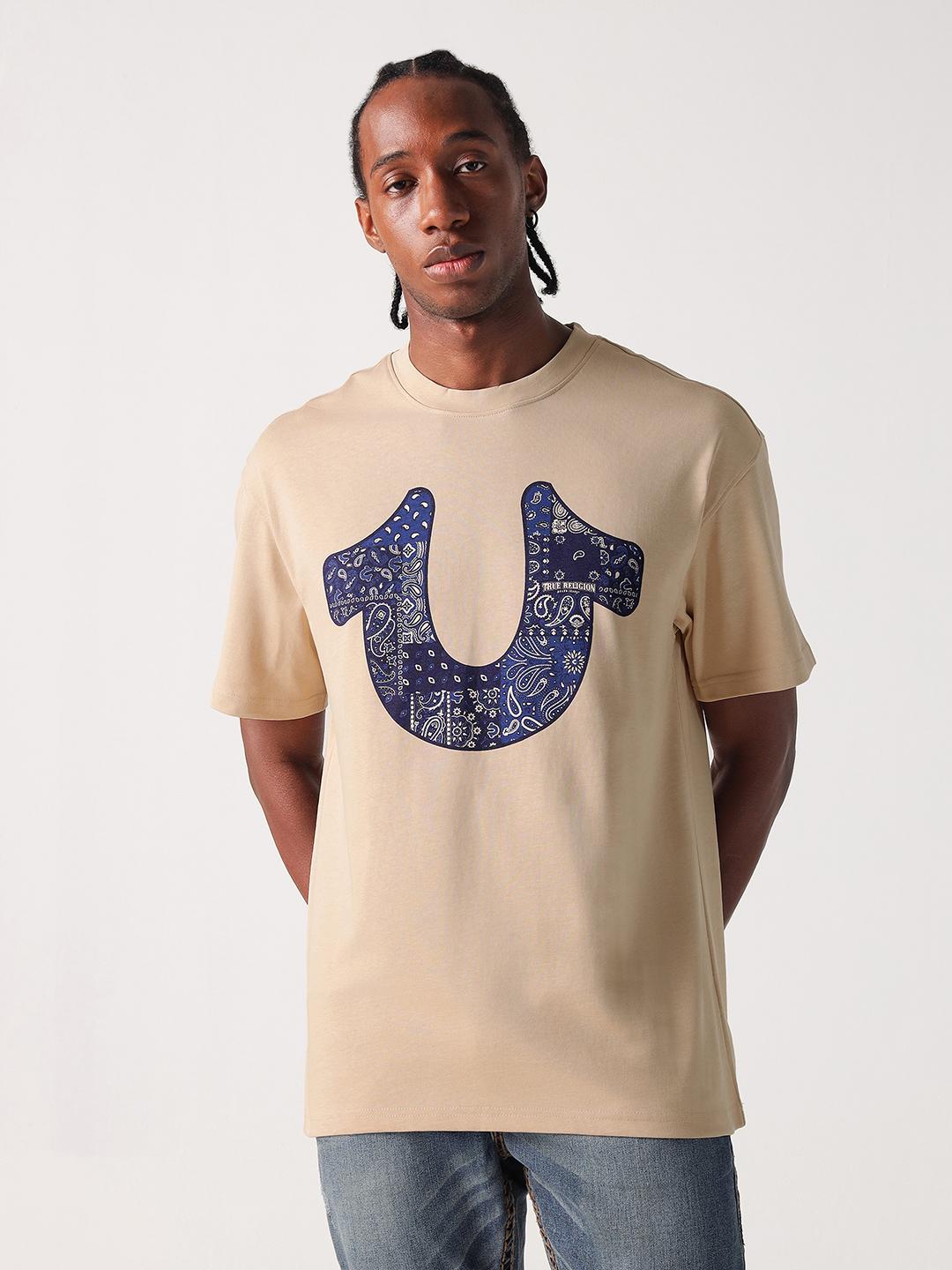 True Religion Men Beige Graphic Round Neck Boxy Fit Tshirt