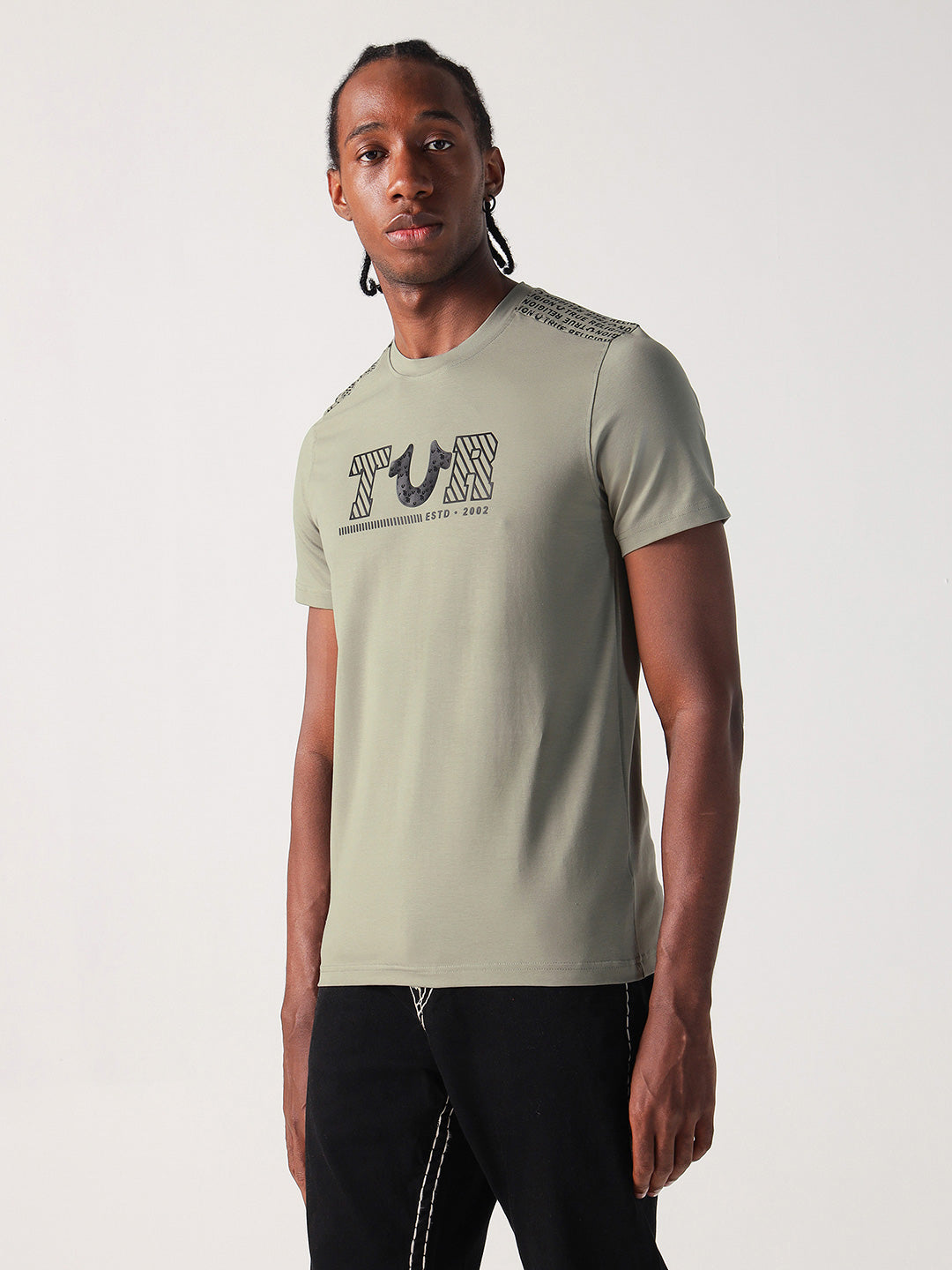 True Religion Men Green Solid Round Neck Tshirt