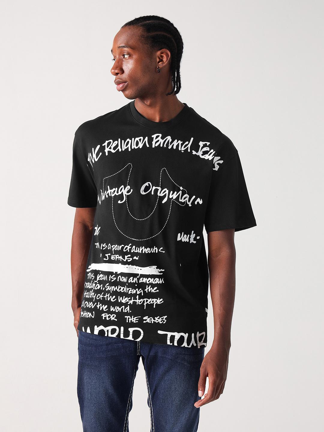 True Religion Men Black Printed Round Neck Boxy Fit Tshirt