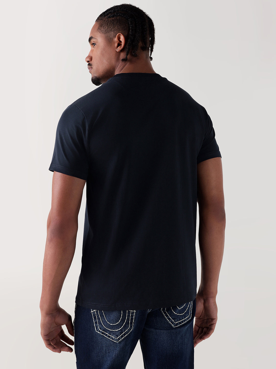 TRUE RELIGION Men Navy Blue Logo Round Neck Regular Fit T Shirt