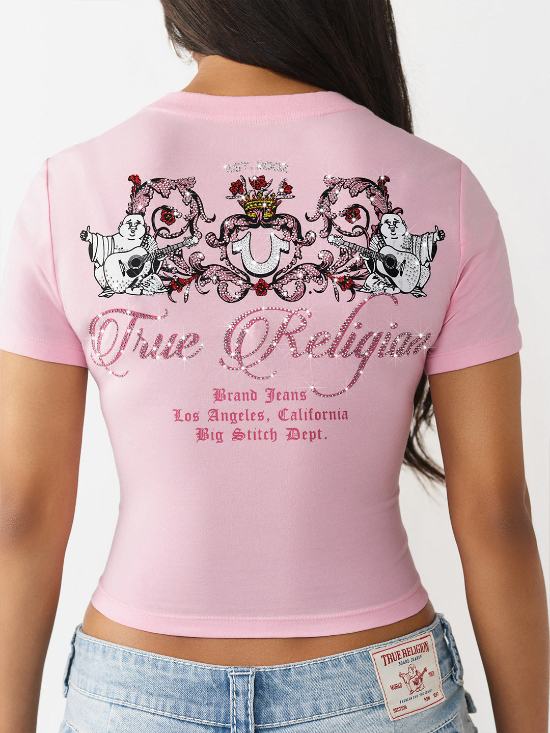 True Religion Women Pink Crystal Buddha Printed T-Shirt