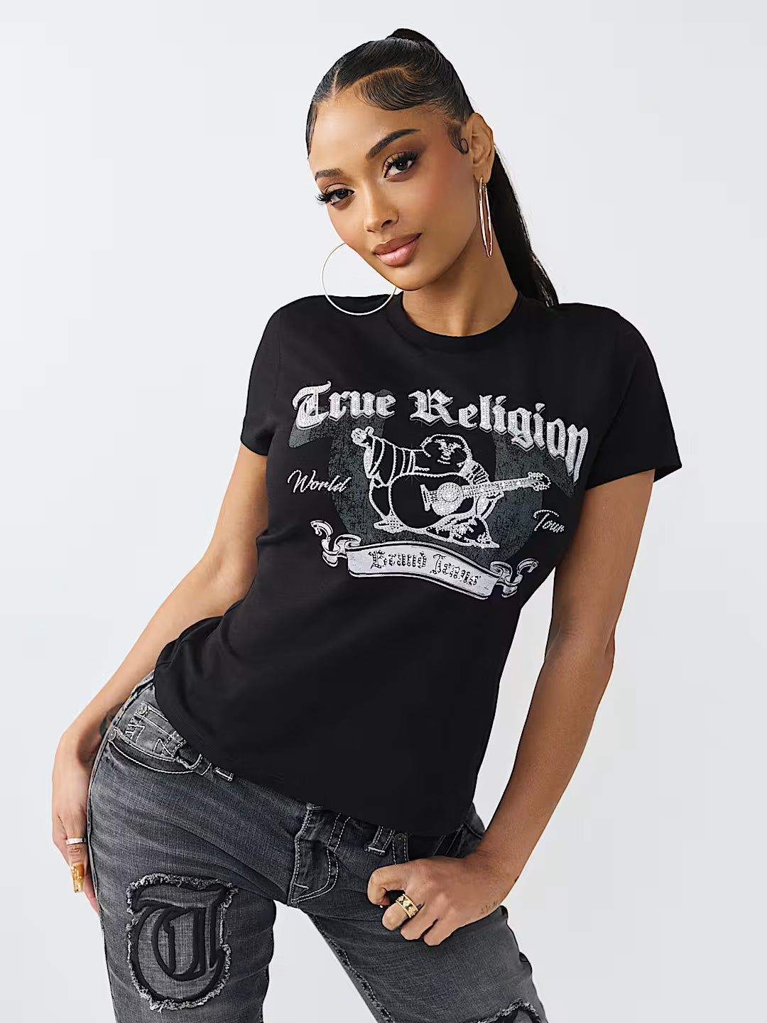 True Religion Women Black Printed T-Shirt