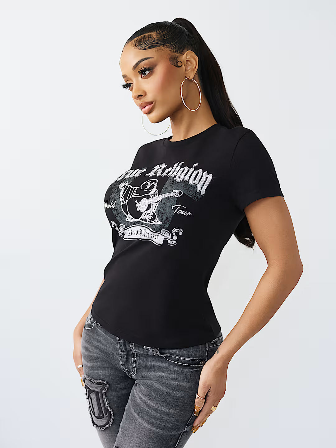 True Religion Women Black Printed T-Shirt