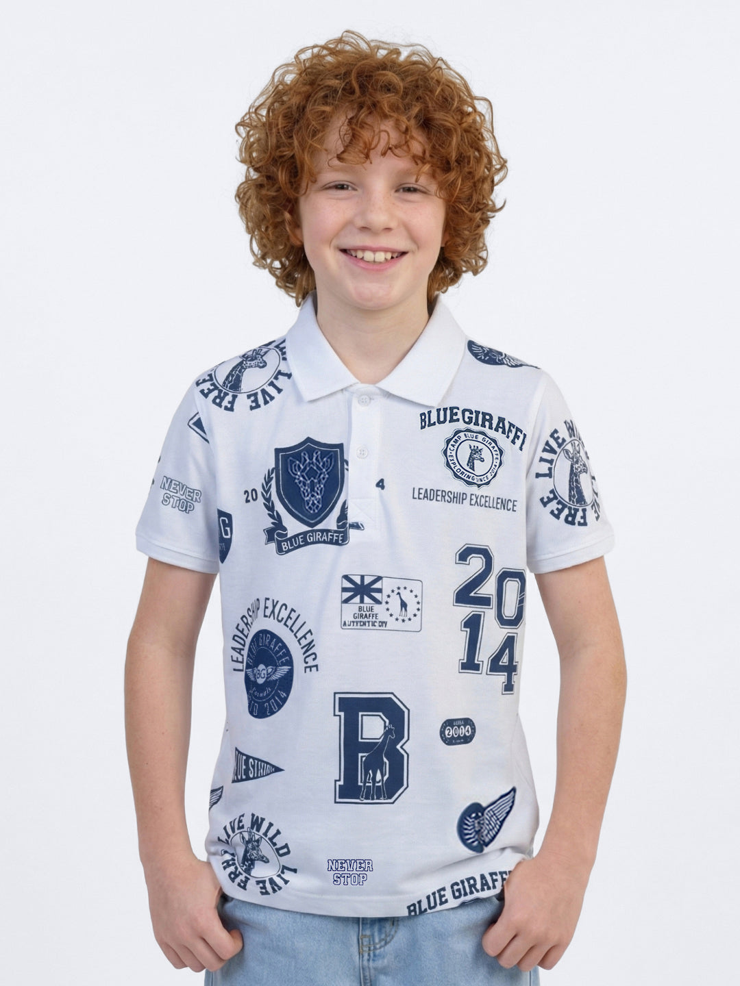 Blue Giraffe Boys White Printed Regular Fit Pure Cotton Polo T-Shirt