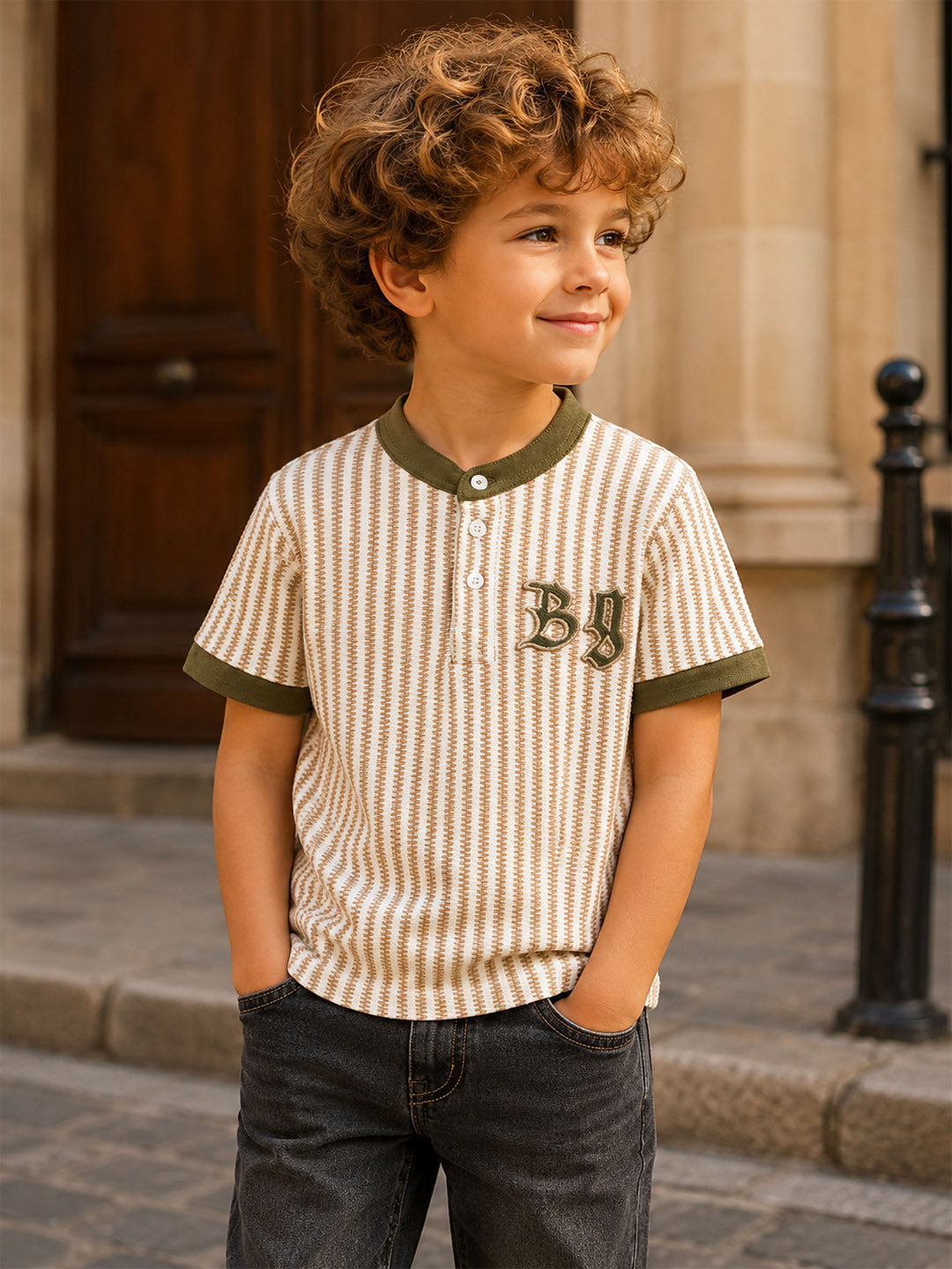 Blue Giraffe Boys Beige Striped Regular Fit T-Shirt