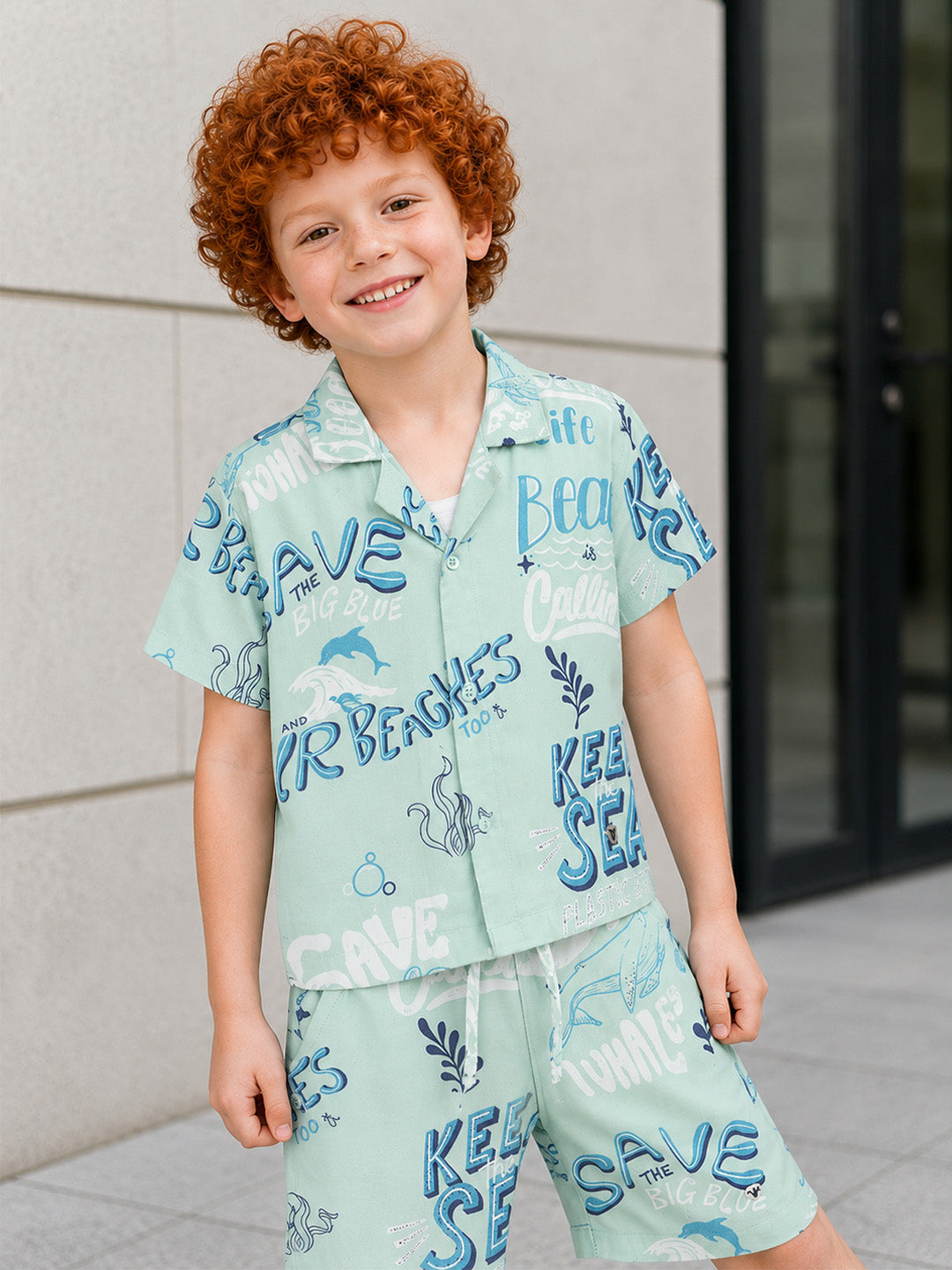 Blue Giraffe Boys Mint Green Printed Shirt