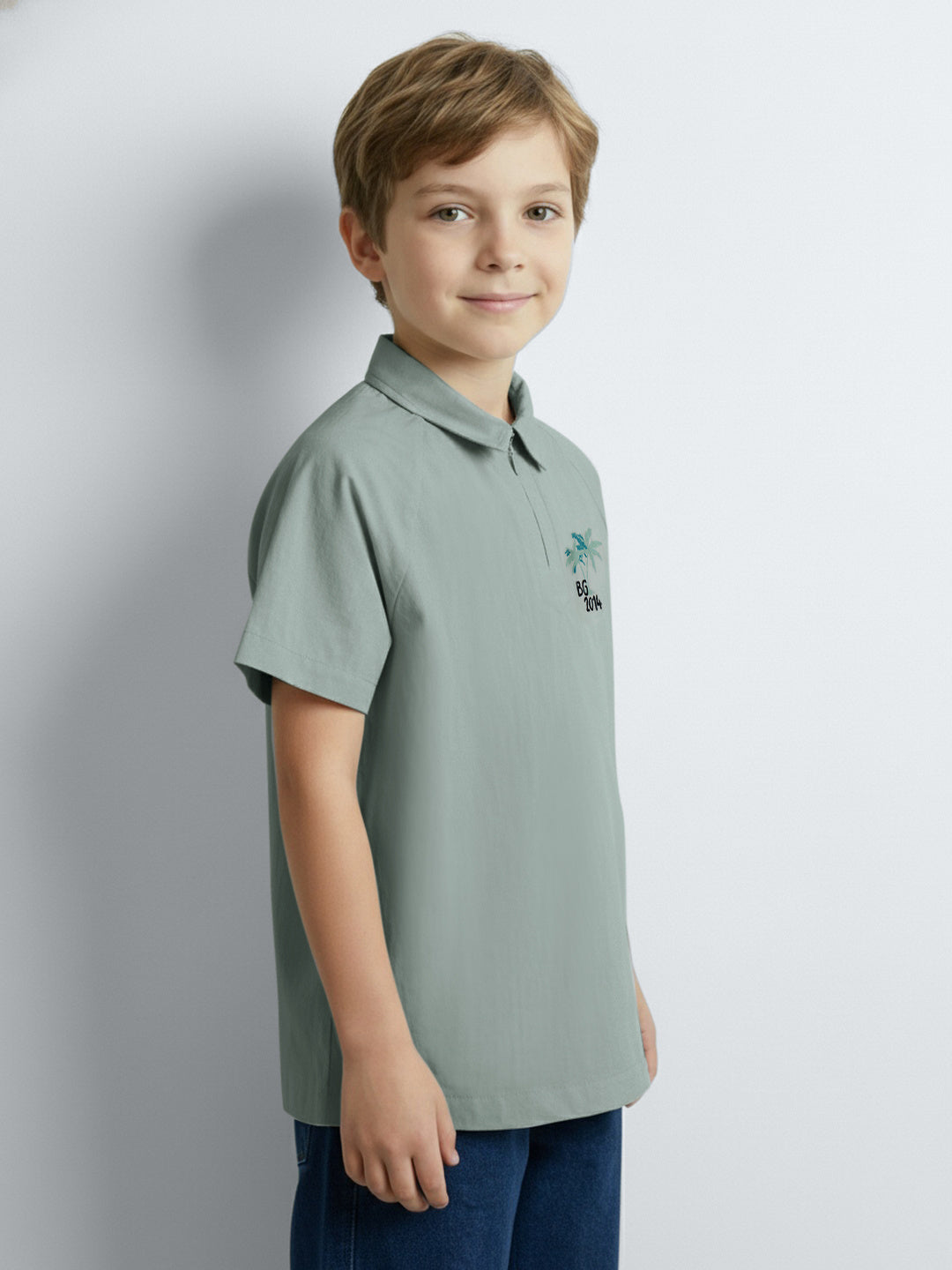Blue Giraffe Boy Green Cotton Shirt
