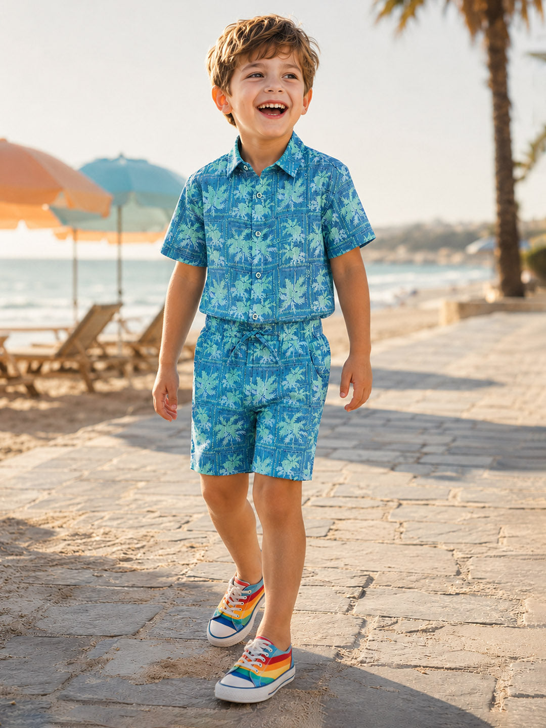 Blue Giraffe Boys Teal Green Floral Regular Fit Pure Cotton Shorts