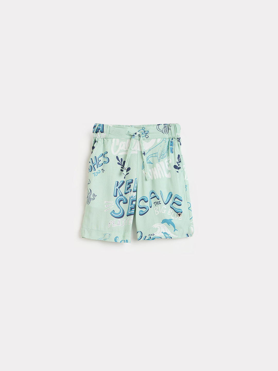 Blue Giraffe Boys Mint Green Printed Regular Fit Shorts