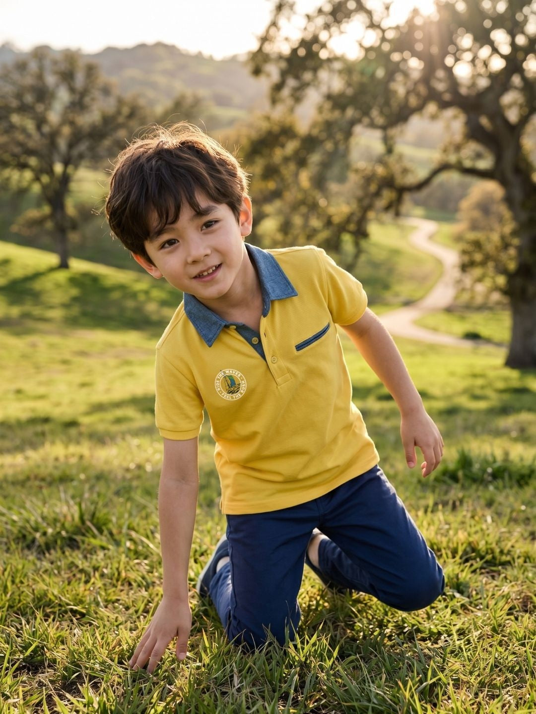 Blue Giraffe Yellow Cotton Boys Regular Fit Polo Tshirt
