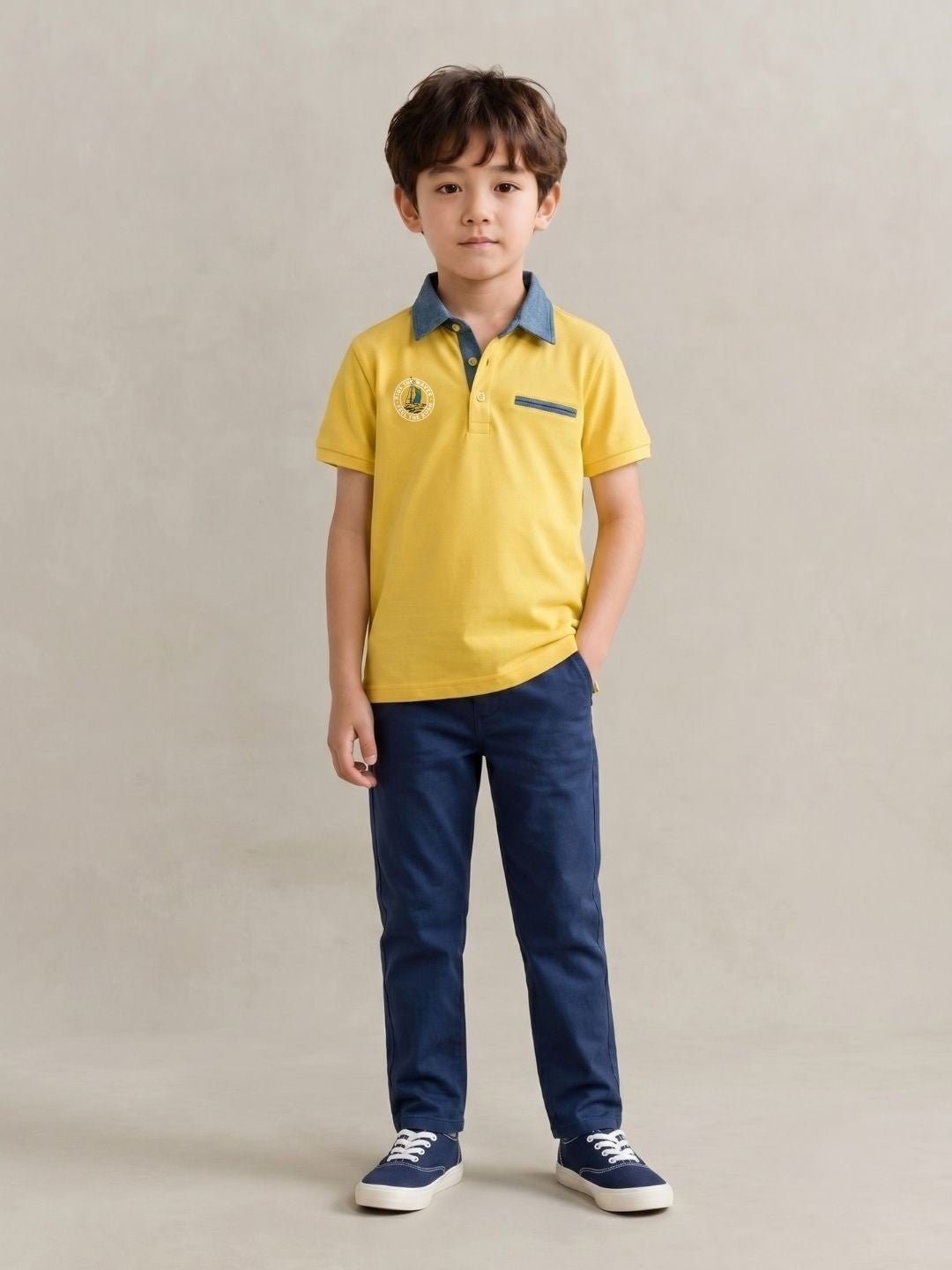 Blue Giraffe Yellow Cotton Boys Regular Fit Polo Tshirt