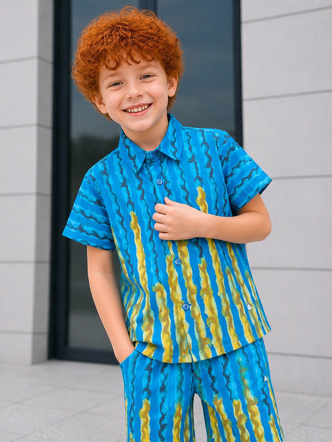 Blue Giraffe Boys Blue Printed Shirt