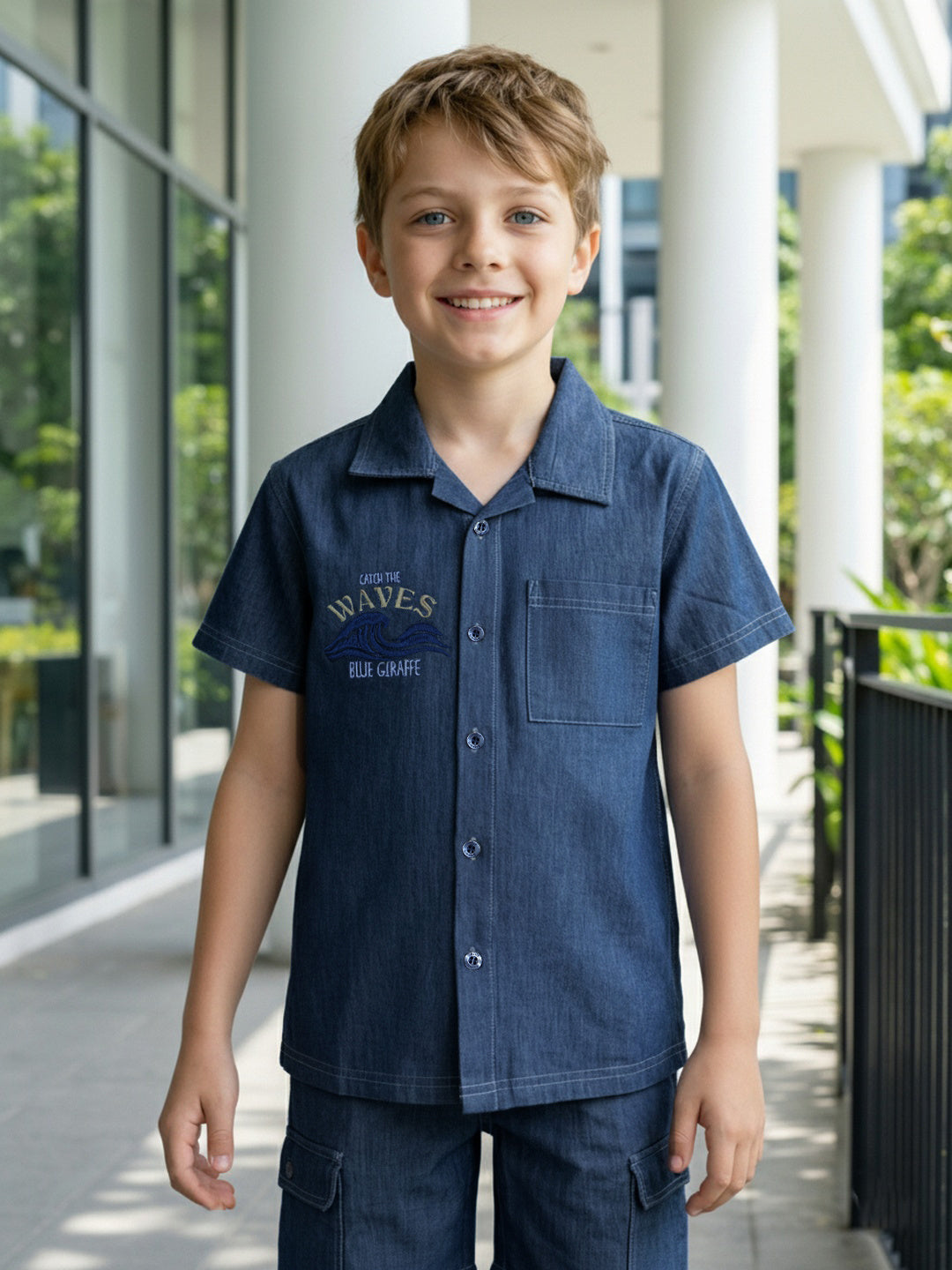Blue Giraffe Boy Blue Embroidered Shirt