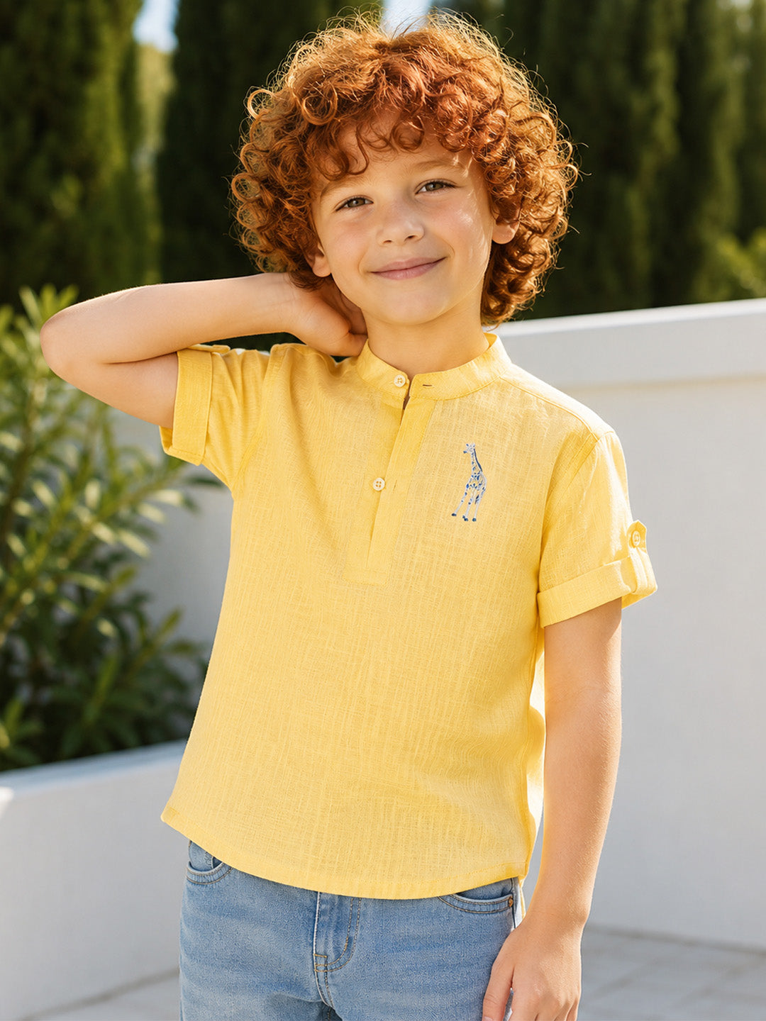 Blue Giraffe Boys Yellow Mandarin Collar Shirt