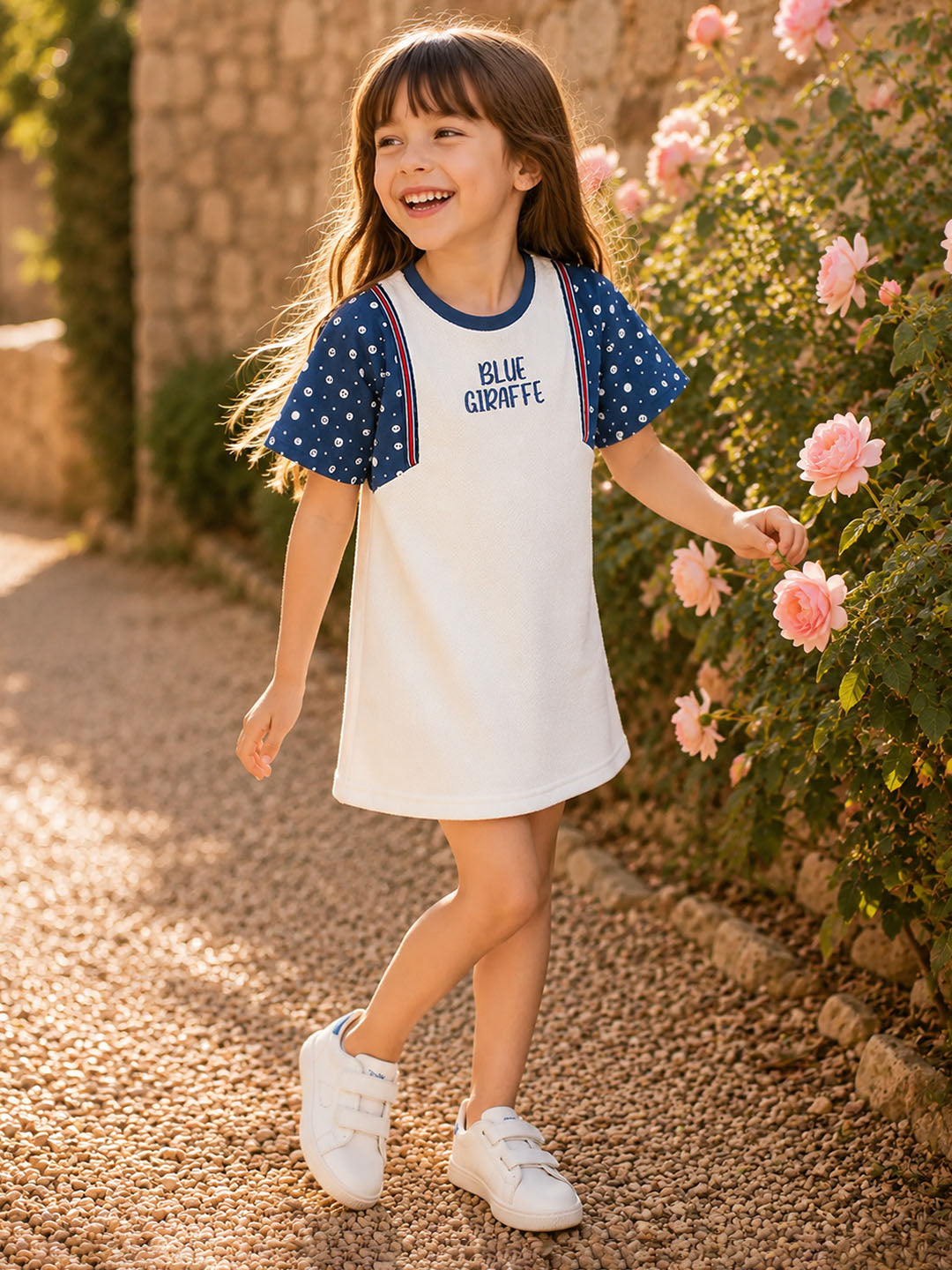 Blue Giraffe White Printed Stretchable A-Line Fit Dress
