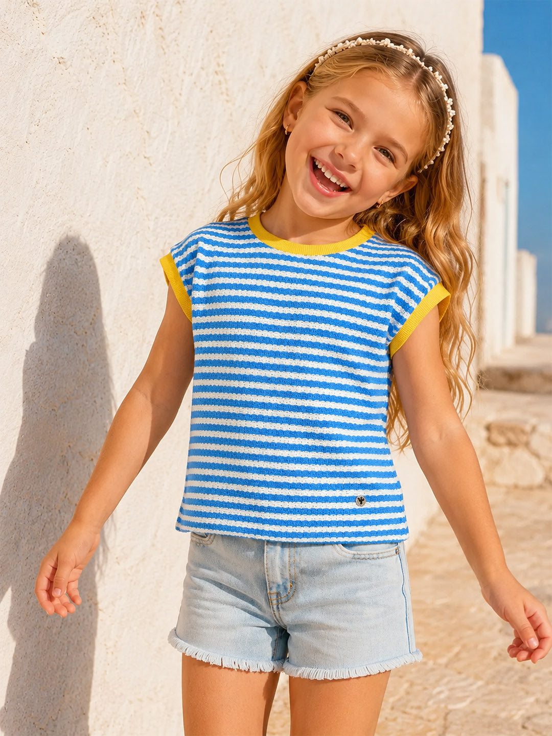 Blue Giraffe Girls Blue Striped Regular Fit T-Shirt