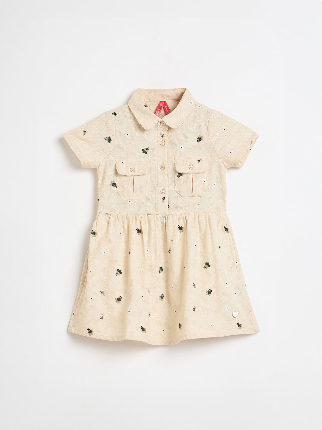 Blue Giraffe Girls Beige Printed Patch Pocket Relaxed Fit Midi Dress