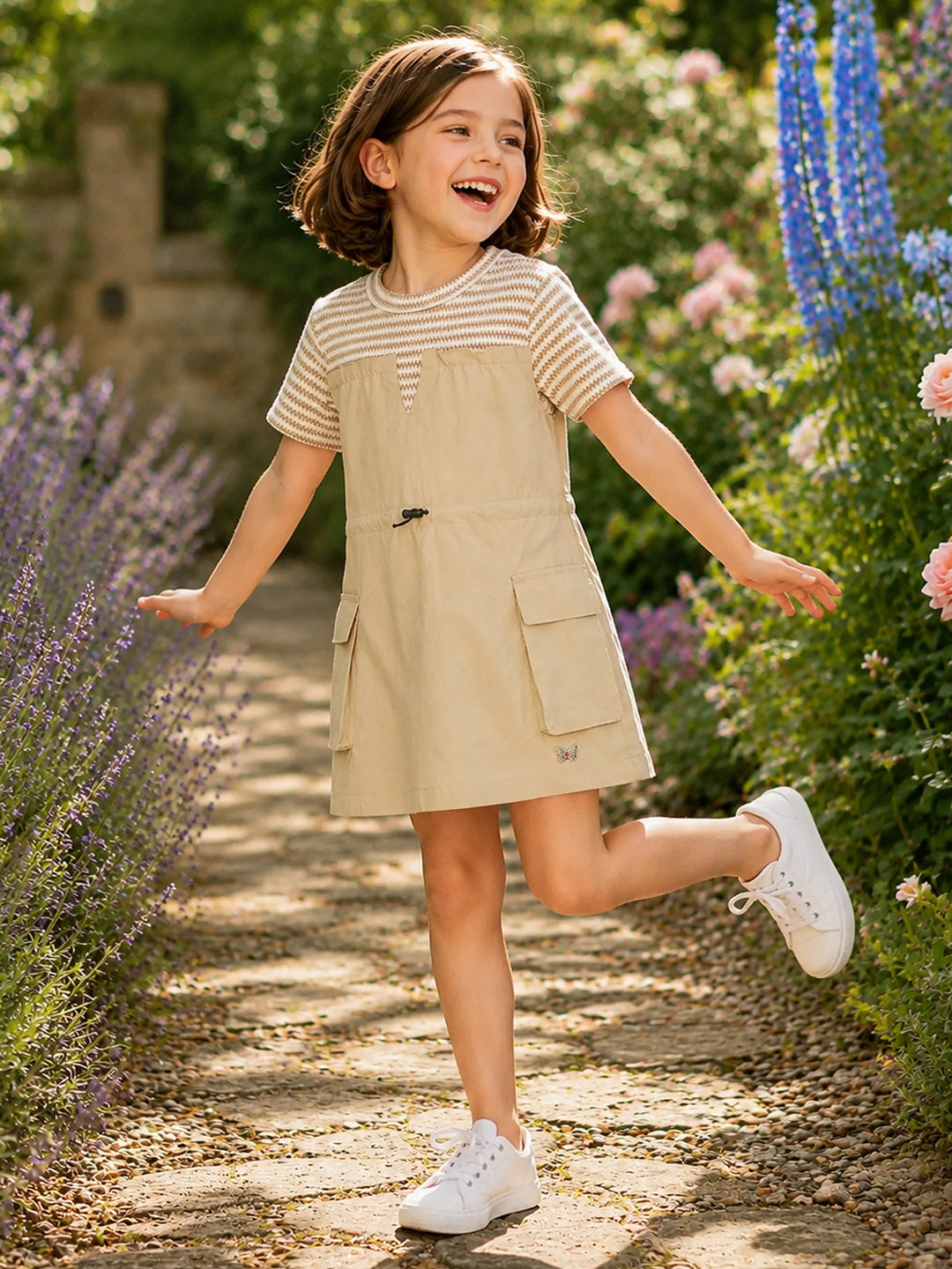 Blue Giraffe Girls Beige Embroidered Fit & Flared Dress