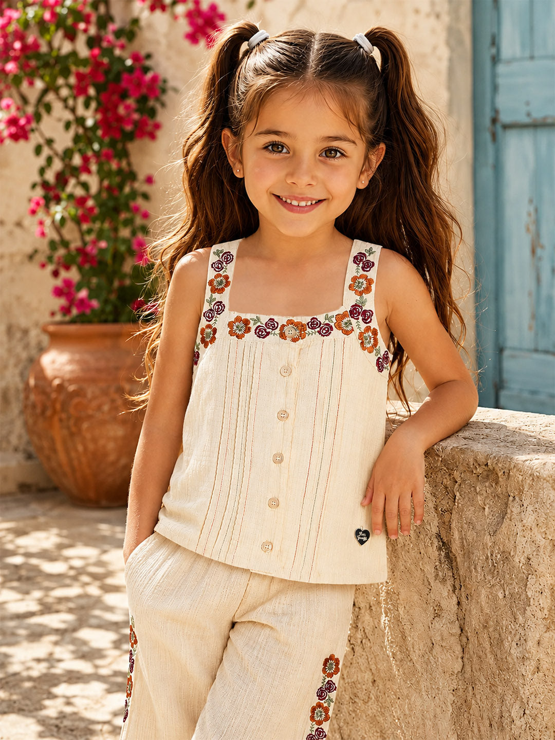 Blue Giraffe Girls Cream Embroidered Regular Fit Top