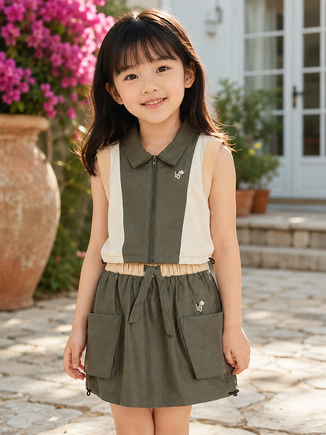 Blue Giraffe Girls Olive Green Colorblock Boxy Fit Top