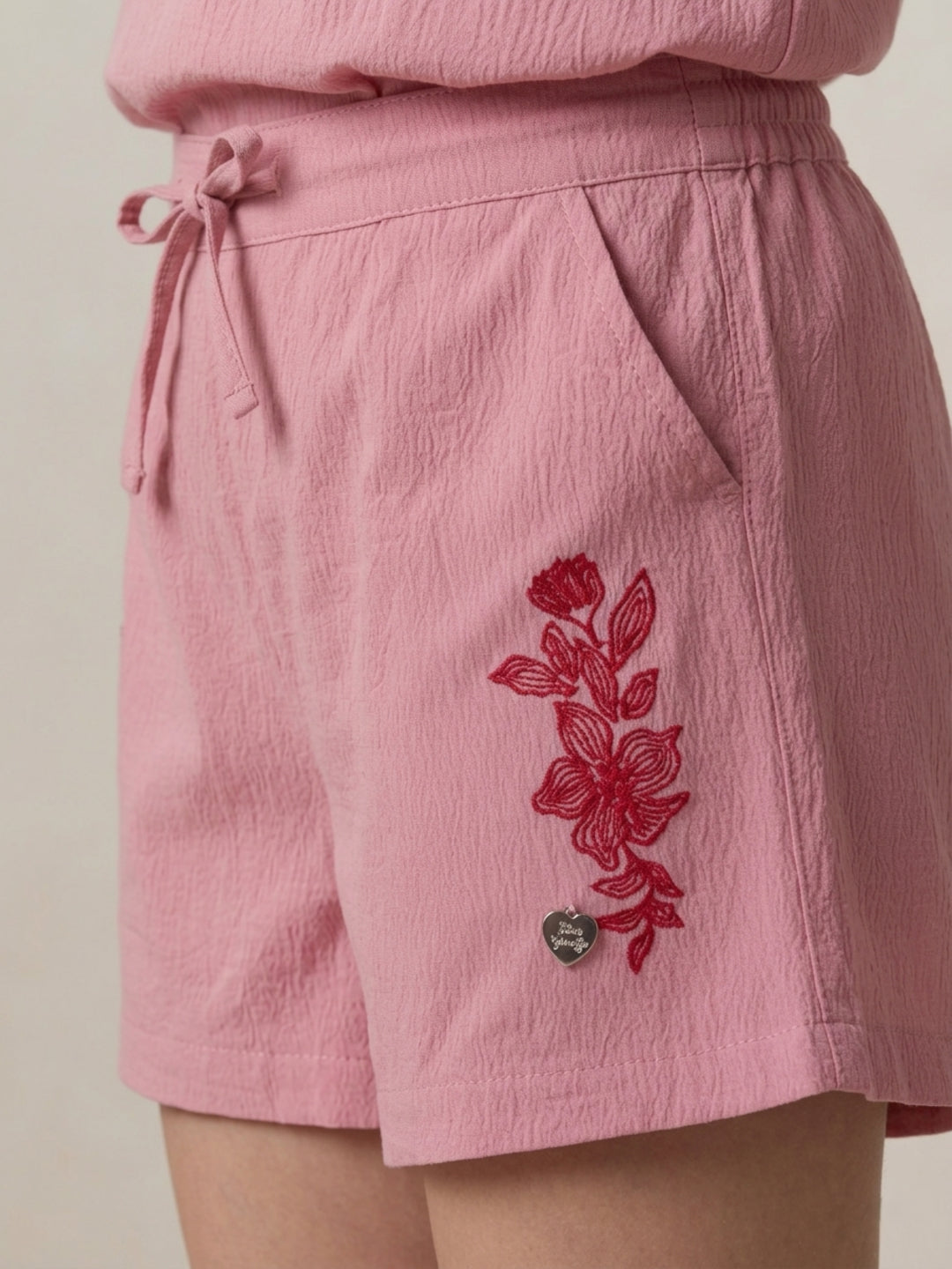 Blue Giraffe Girls Pink Embroidered Regular Fit Shorts