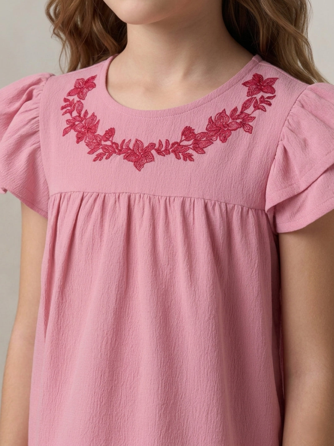 Blue Giraffe Girls Pink Embroidery Top